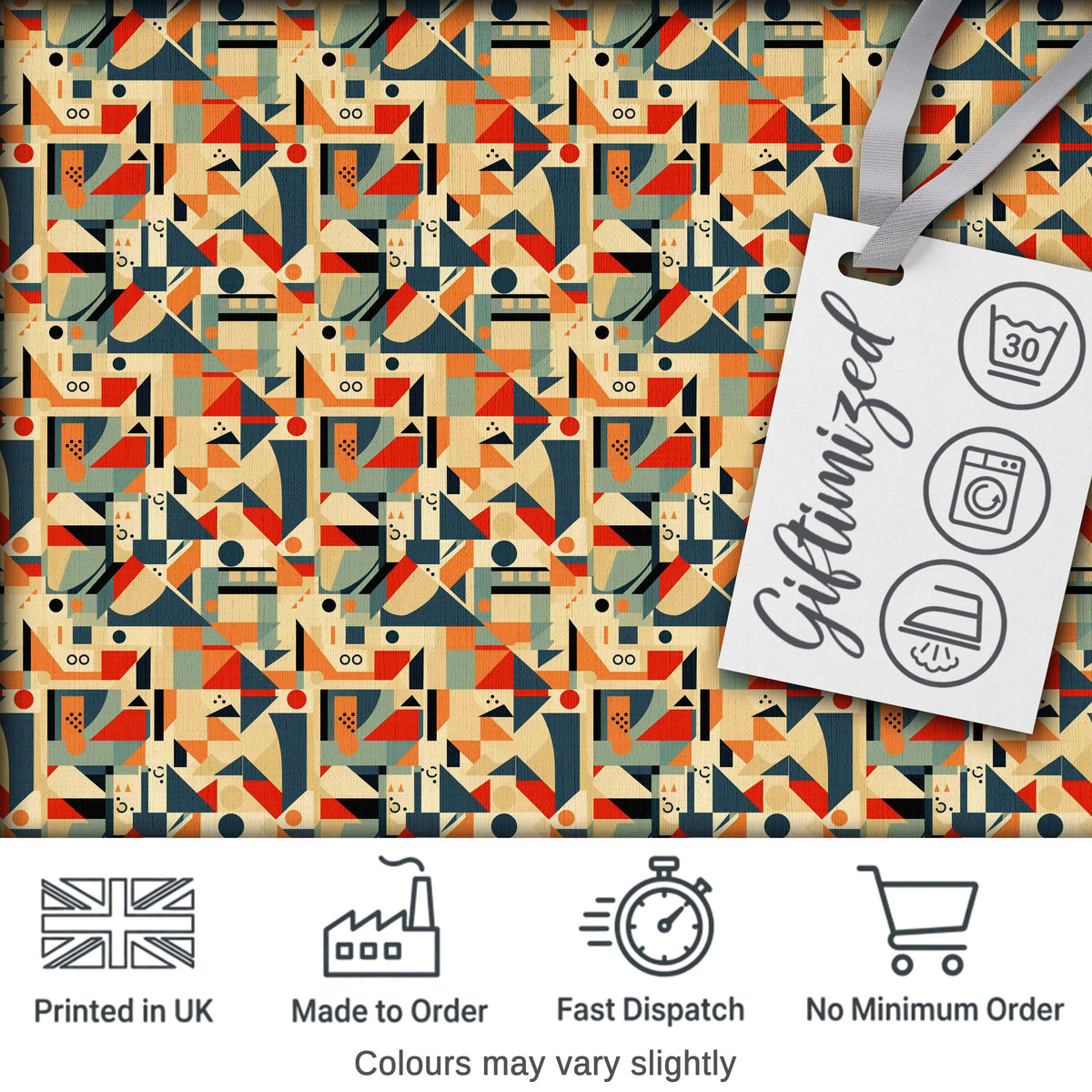 Modern  Geometric Shapes Beige Blue Orange Seamless Pattern Digital Print Fabric by the Metre UK Sewing Quilting Textile