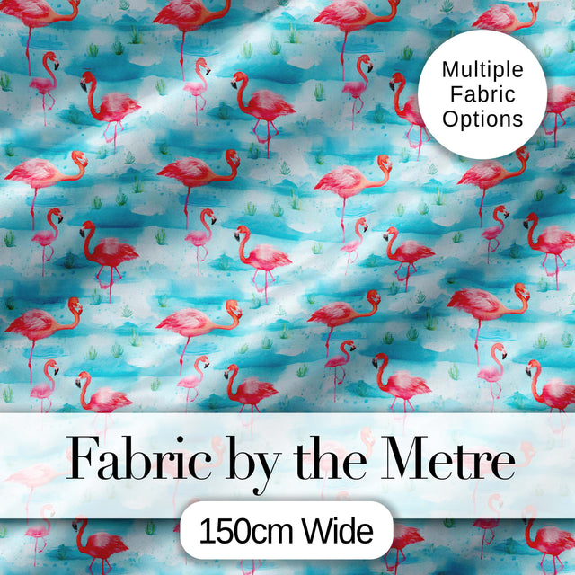 Cute Pink Flamingo Birds in Soft Blue Watercolor Lagoon Seamless Pattern Digital Print Fabric by the Metre UK Sewing Quilting Textile