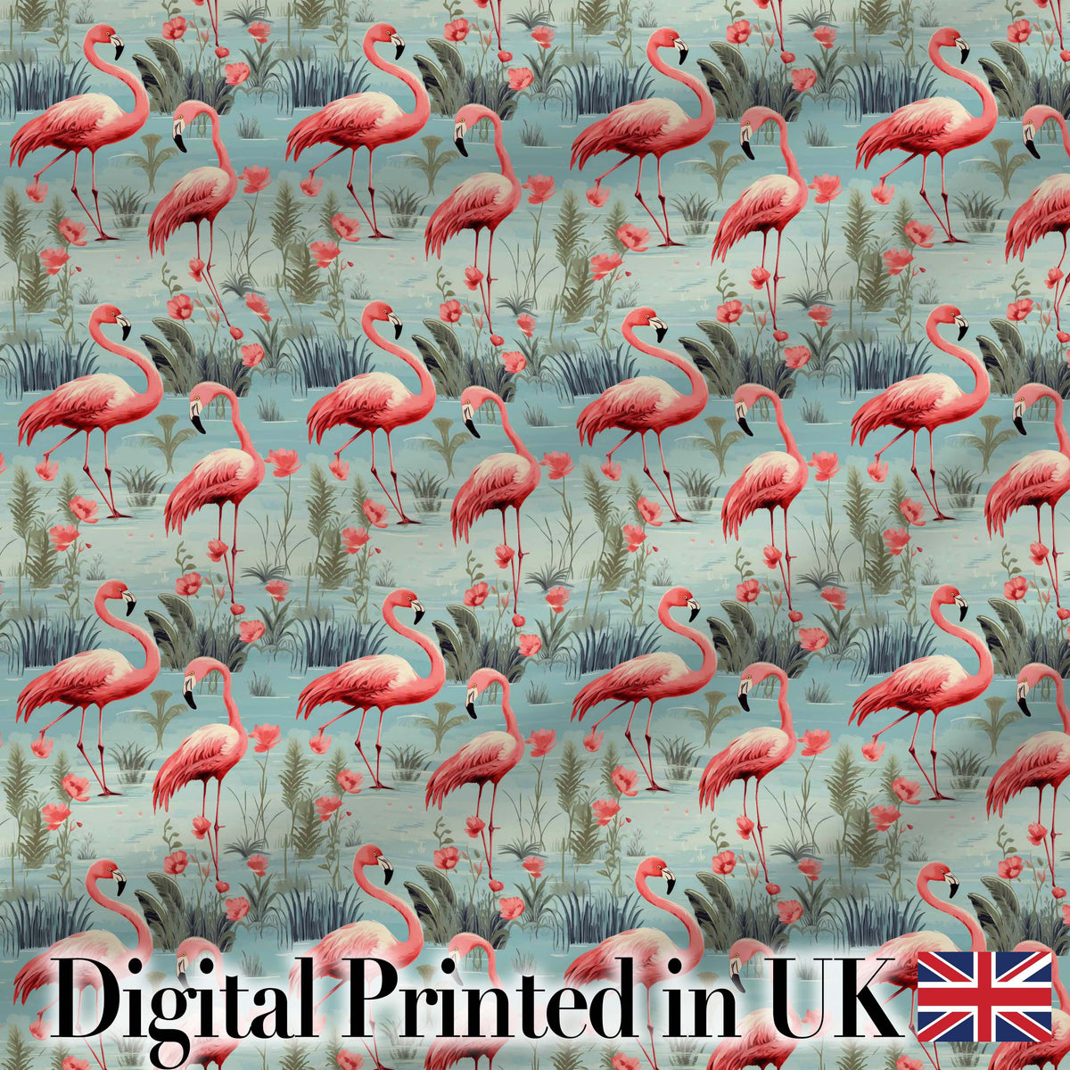 Elegant Flamingo Birds with Floral Wetland Background Seamless Pattern Digital Print Fabric by the Metre UK Sewing Quilting Textile