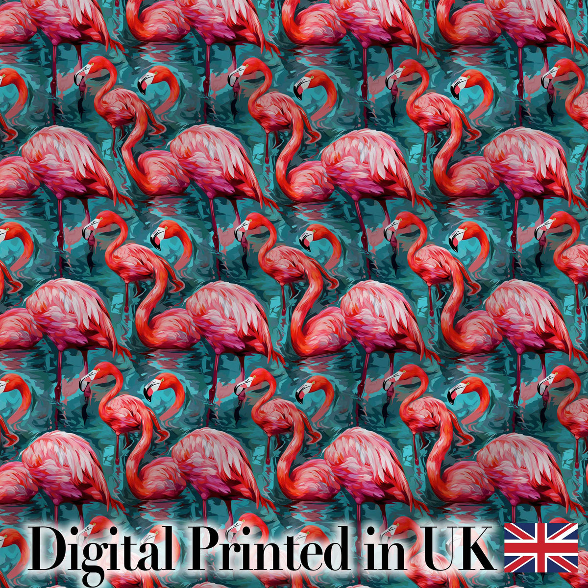 Vivid Pink Flamingo Flock in Deep Teal Water Seamless Pattern Digital Print Fabric by the Metre UK Sewing Quilting Textile