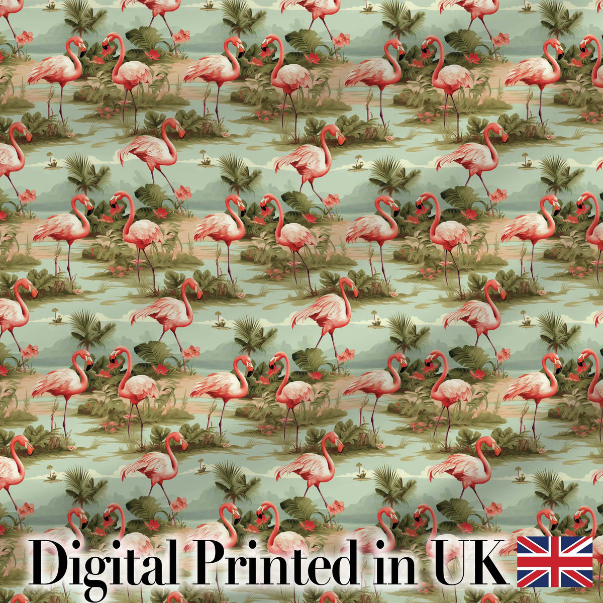 Tropical Flamingo Birds with Exotic Plants Scene Seamless Pattern Digital Print Fabric by the Metre UK Sewing Quilting Textile