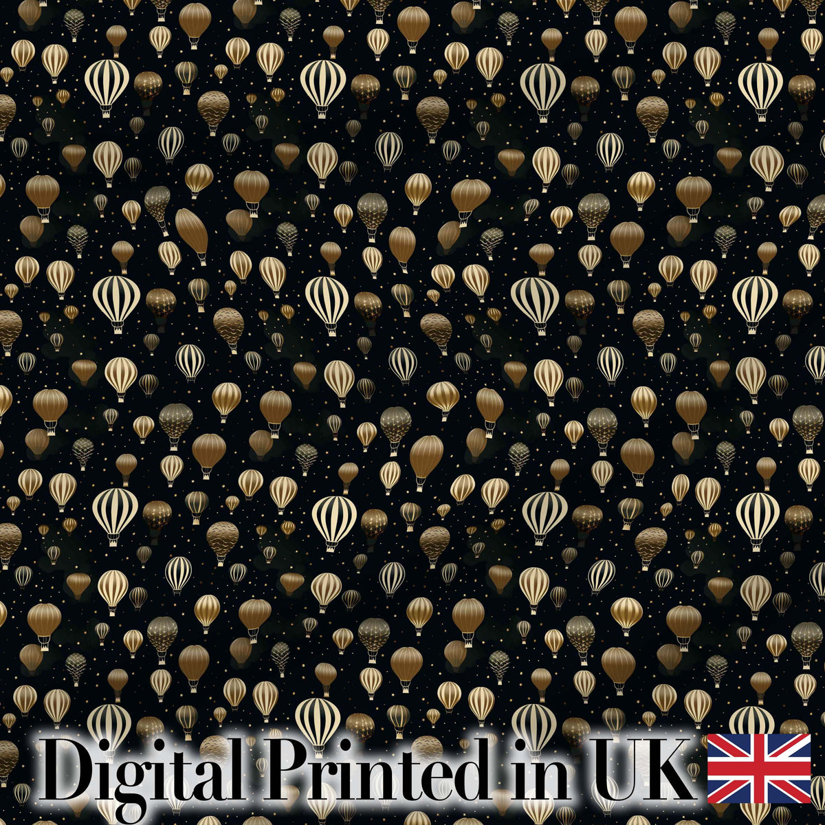 Luxury Gold Hot Air Balloons Night Sky Seamless Pattern Digital Print Fabric by the Metre UK Sewing Quilting Textile