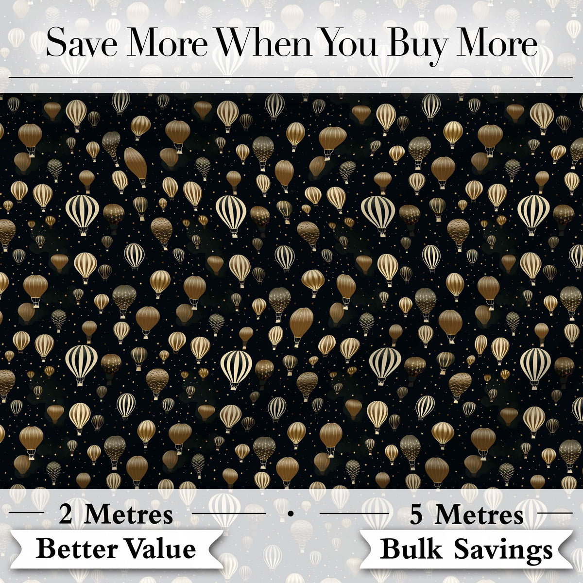 Luxury Gold Hot Air Balloons Night Sky Seamless Pattern Digital Print Fabric by the Metre UK Sewing Quilting Textile