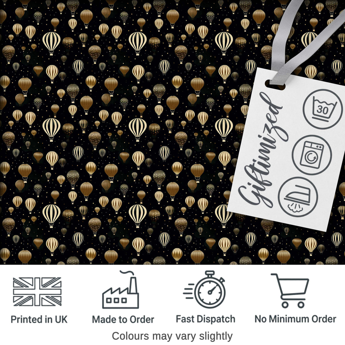 Luxury Gold Hot Air Balloons Night Sky Seamless Pattern Digital Print Fabric by the Metre UK Sewing Quilting Textile