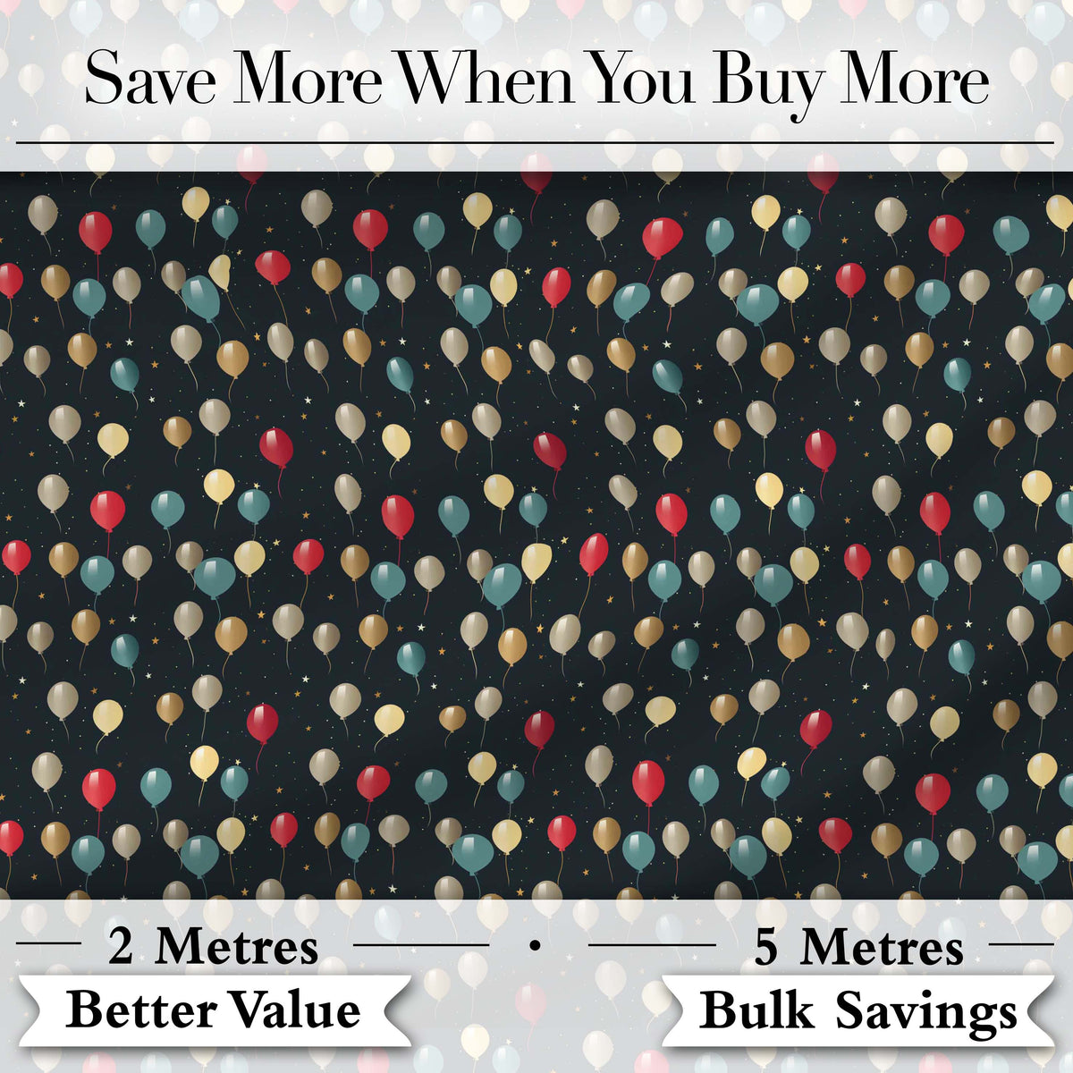 Dark Night Sky Balloon Celebration Seamless Pattern Elegant Party Theme Design Digital Print Fabric by the Metre UK Sewing Quilting Textile