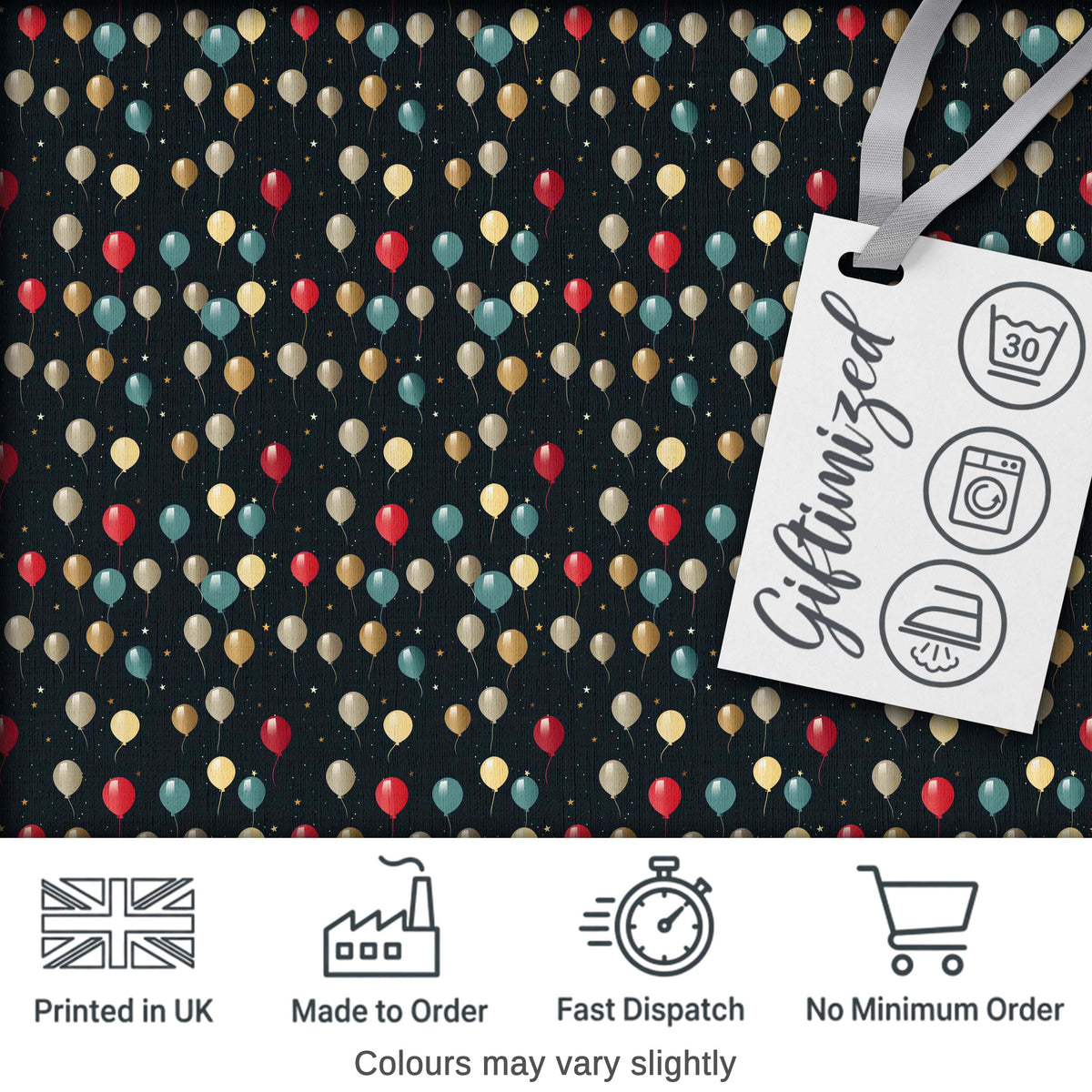 Dark Night Sky Balloon Celebration Seamless Pattern Elegant Party Theme Design Digital Print Fabric by the Metre UK Sewing Quilting Textile