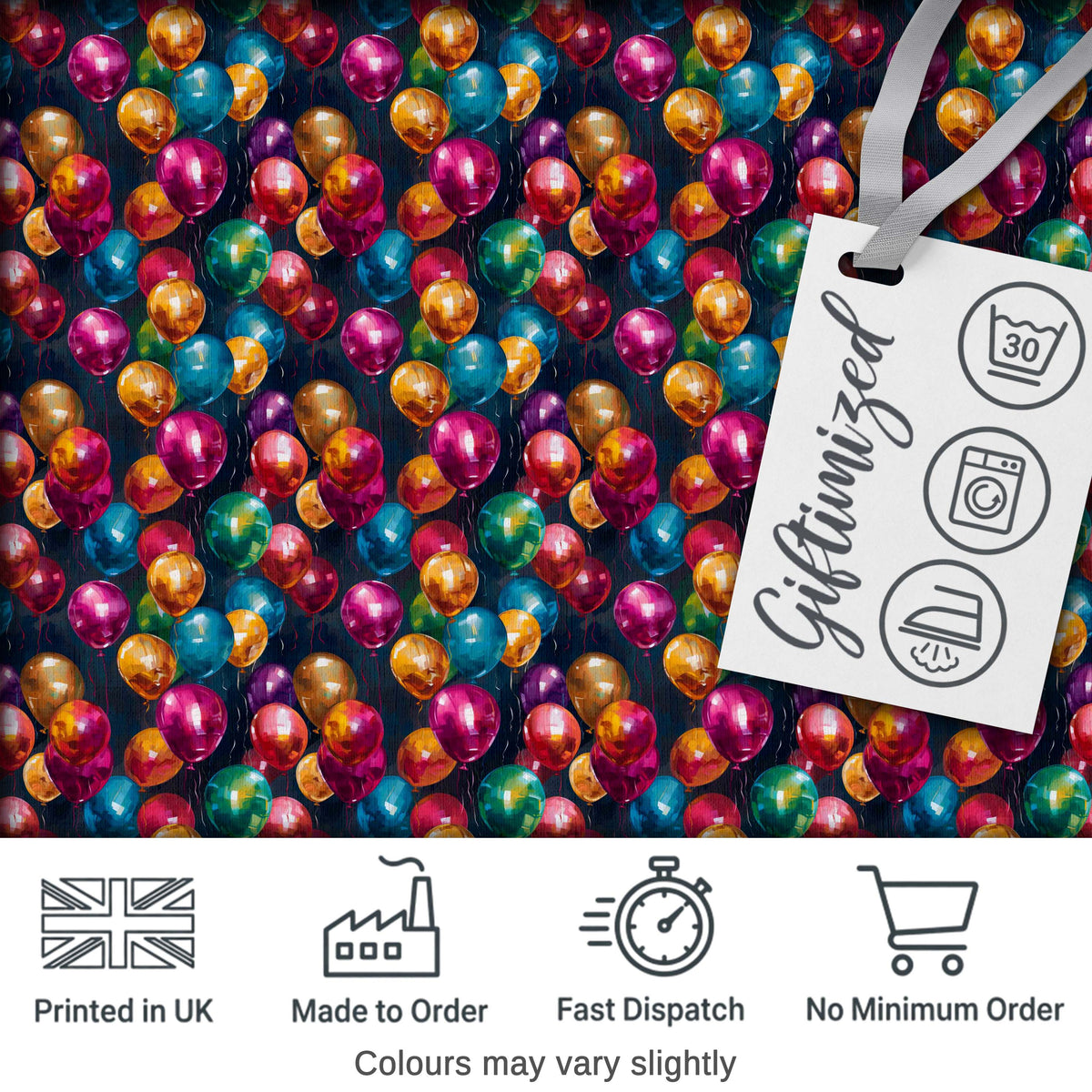 Colorful Party Balloons on Dark Background Seamless Pattern Digital Print Fabric by the Metre UK Sewing Quilting Textile