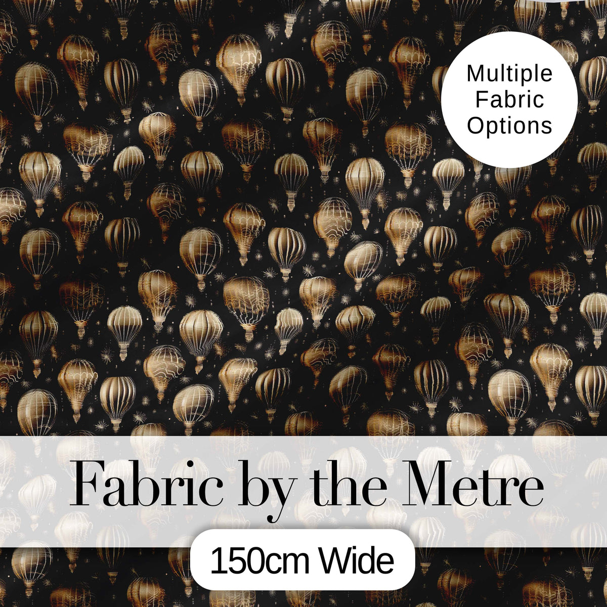Luxury Gold Hot Air Balloons on Black Night Seamless Pattern Digital Print Fabric by the Metre UK Sewing Quilting Textile