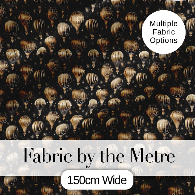 Luxury Gold Hot Air Balloons on Black Night Seamless Pattern Digital Print Fabric by the Metre UK Sewing Quilting Textile