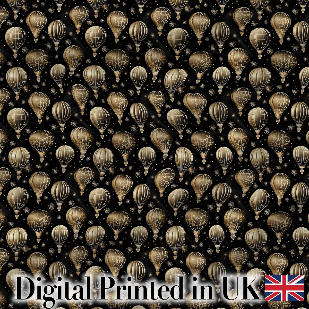 Luxury Gold Hot Air Balloons on Black Night Seamless Pattern Digital Print Fabric by the Metre UK Sewing Quilting Textile