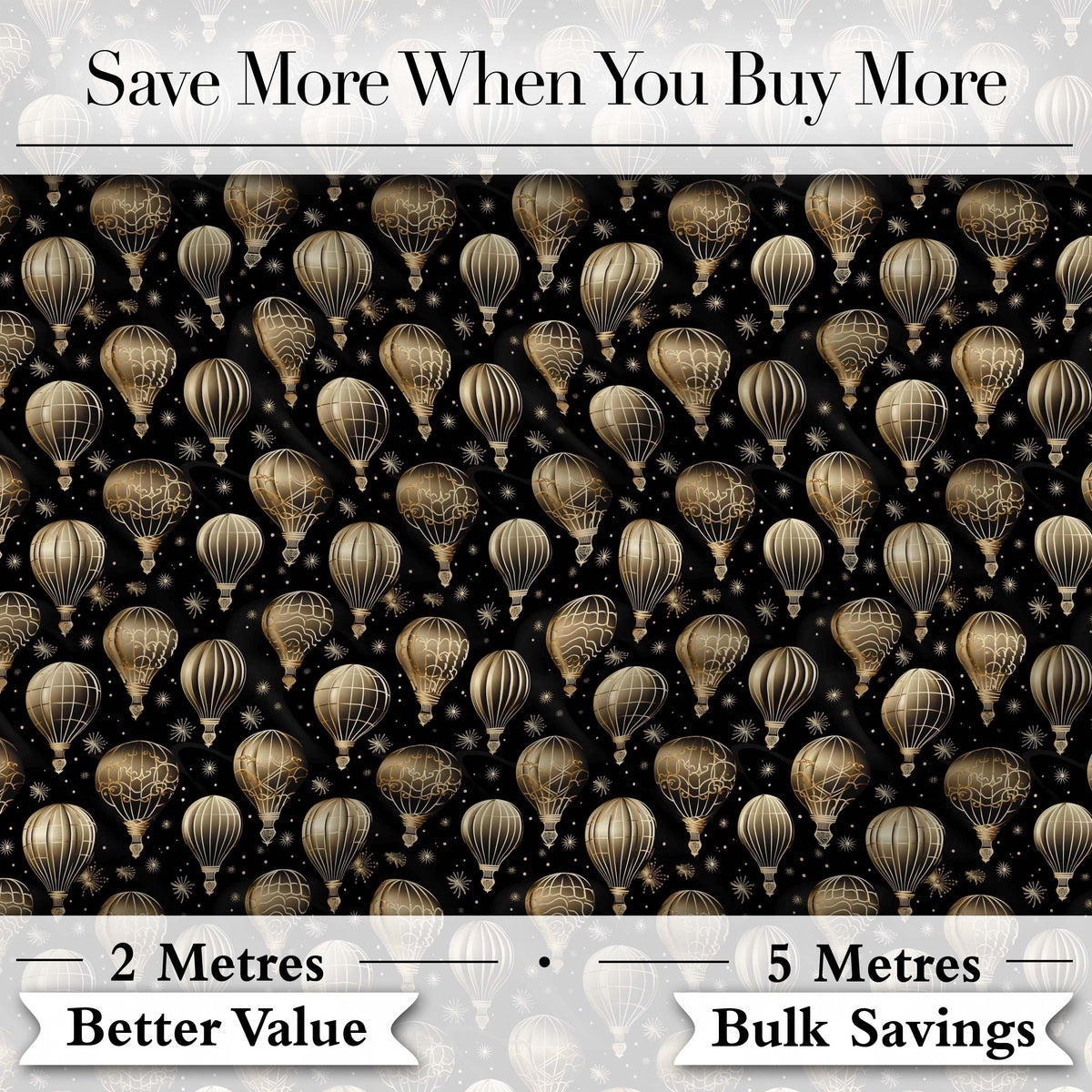 Luxury Gold Hot Air Balloons on Black Night Seamless Pattern Digital Print Fabric by the Metre UK Sewing Quilting Textile