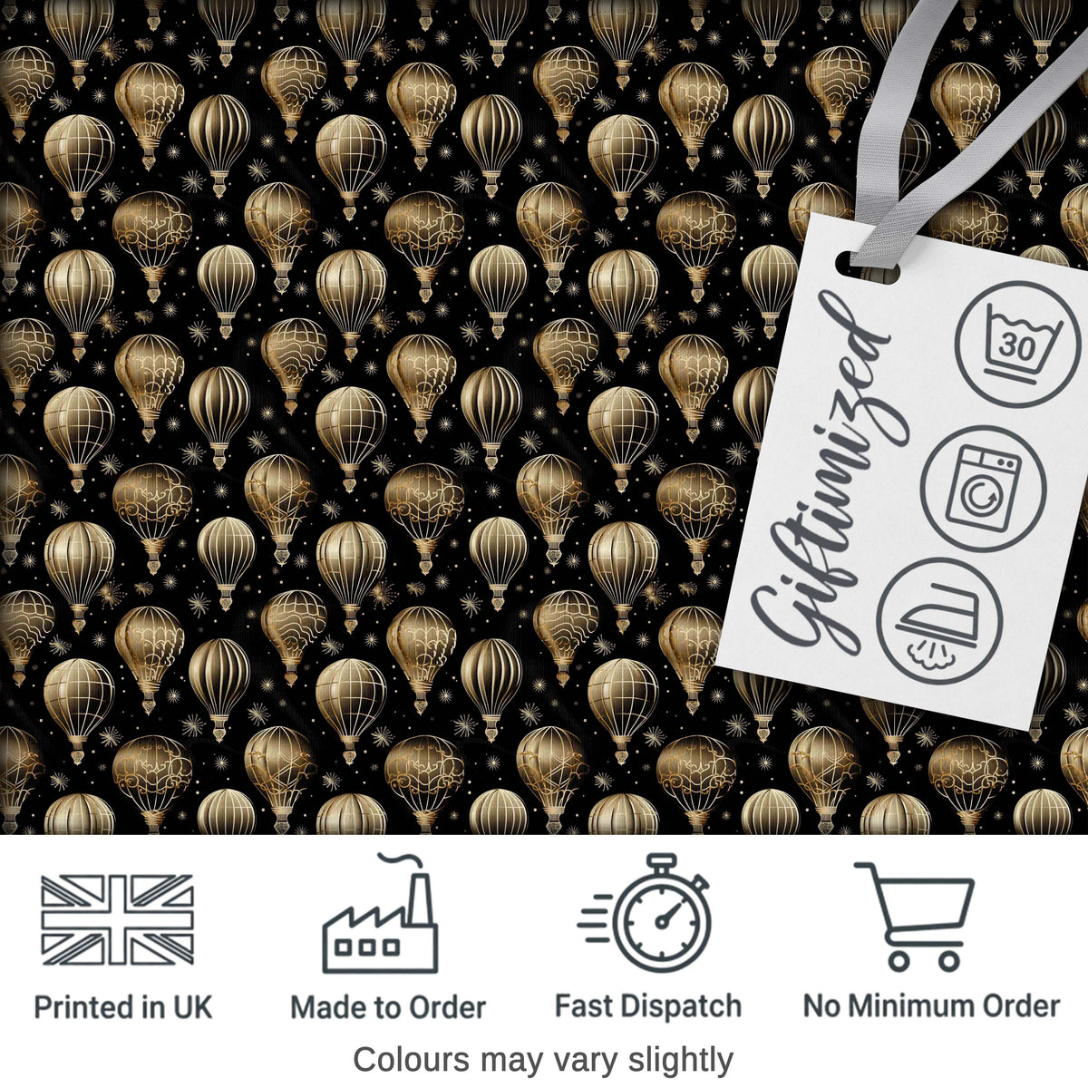 Luxury Gold Hot Air Balloons on Black Night Seamless Pattern Digital Print Fabric by the Metre UK Sewing Quilting Textile