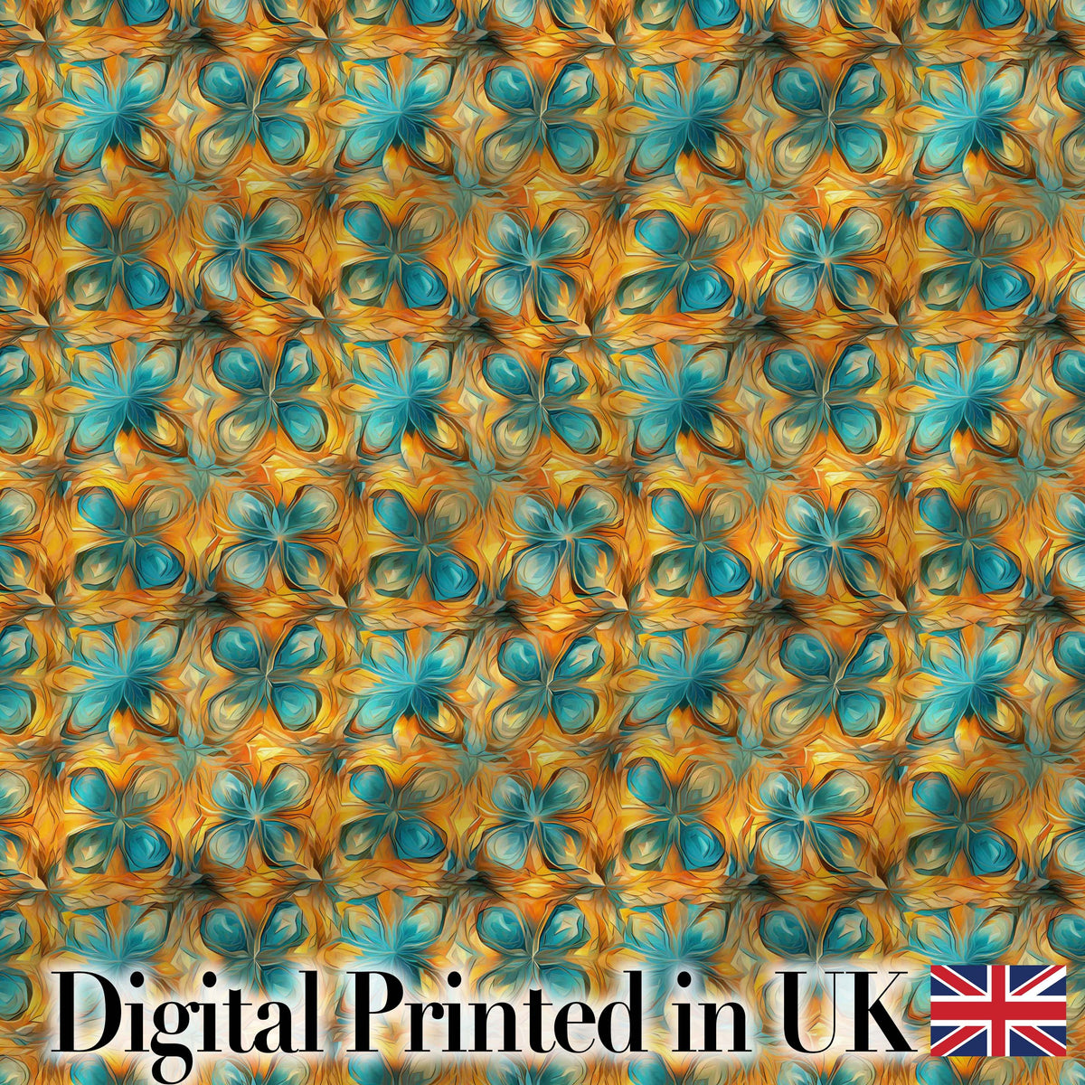 Abstract Teal and Orange Floral Geometric Seamless Pattern Digital Print Fabric by the Metre UK Sewing Quilting Textile