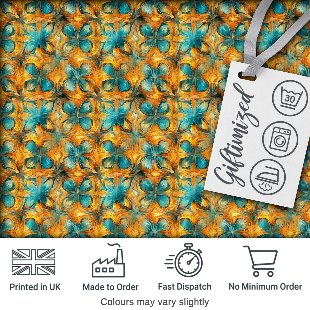 Abstract Teal and Orange Floral Geometric Seamless Pattern Digital Print Fabric by the Metre UK Sewing Quilting Textile