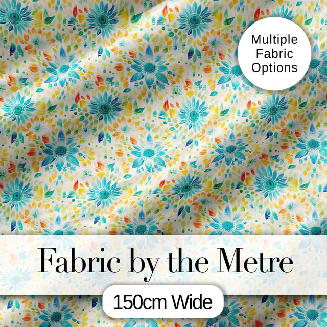 Bright Blue Yellow Watercolor Floral Seamless Pattern Digital Print Fabric by the Metre UK Sewing Quilting Textile