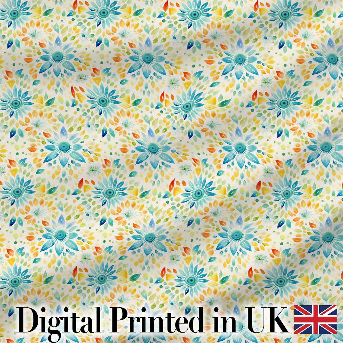 Bright Blue Yellow Watercolor Floral Seamless Pattern Digital Print Fabric by the Metre UK Sewing Quilting Textile