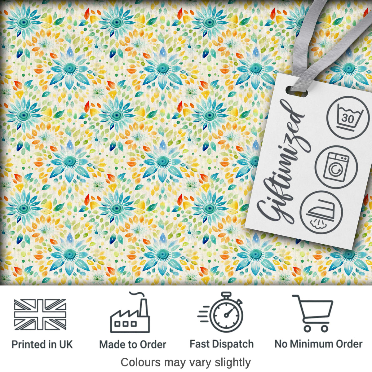 Bright Blue Yellow Watercolor Floral Seamless Pattern Digital Print Fabric by the Metre UK Sewing Quilting Textile