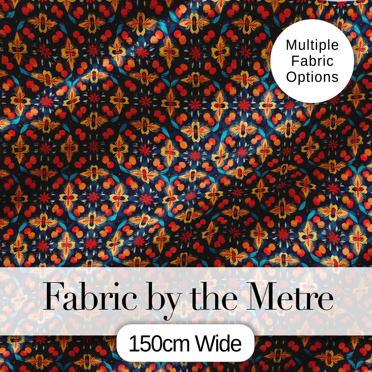 Geometric Floral Pattern with Orange Teal and Gold Symmetry Digital Print Fabric by the Metre UK Sewing Quilting Textile