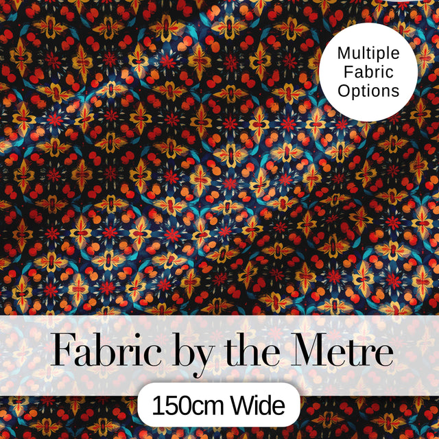 Geometric Floral Pattern with Orange Teal and Gold Symmetry Digital Print Fabric by the Metre UK Sewing Quilting Textile