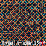 Geometric Floral Pattern with Orange Teal and Gold Symmetry Digital Print Fabric by the Metre UK Sewing Quilting Textile