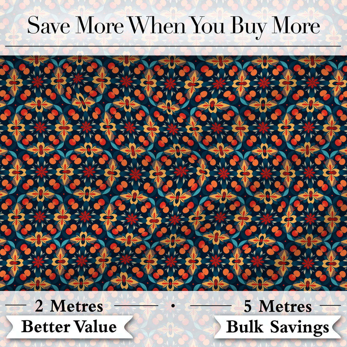 Geometric Floral Pattern with Orange Teal and Gold Symmetry Digital Print Fabric by the Metre UK Sewing Quilting Textile