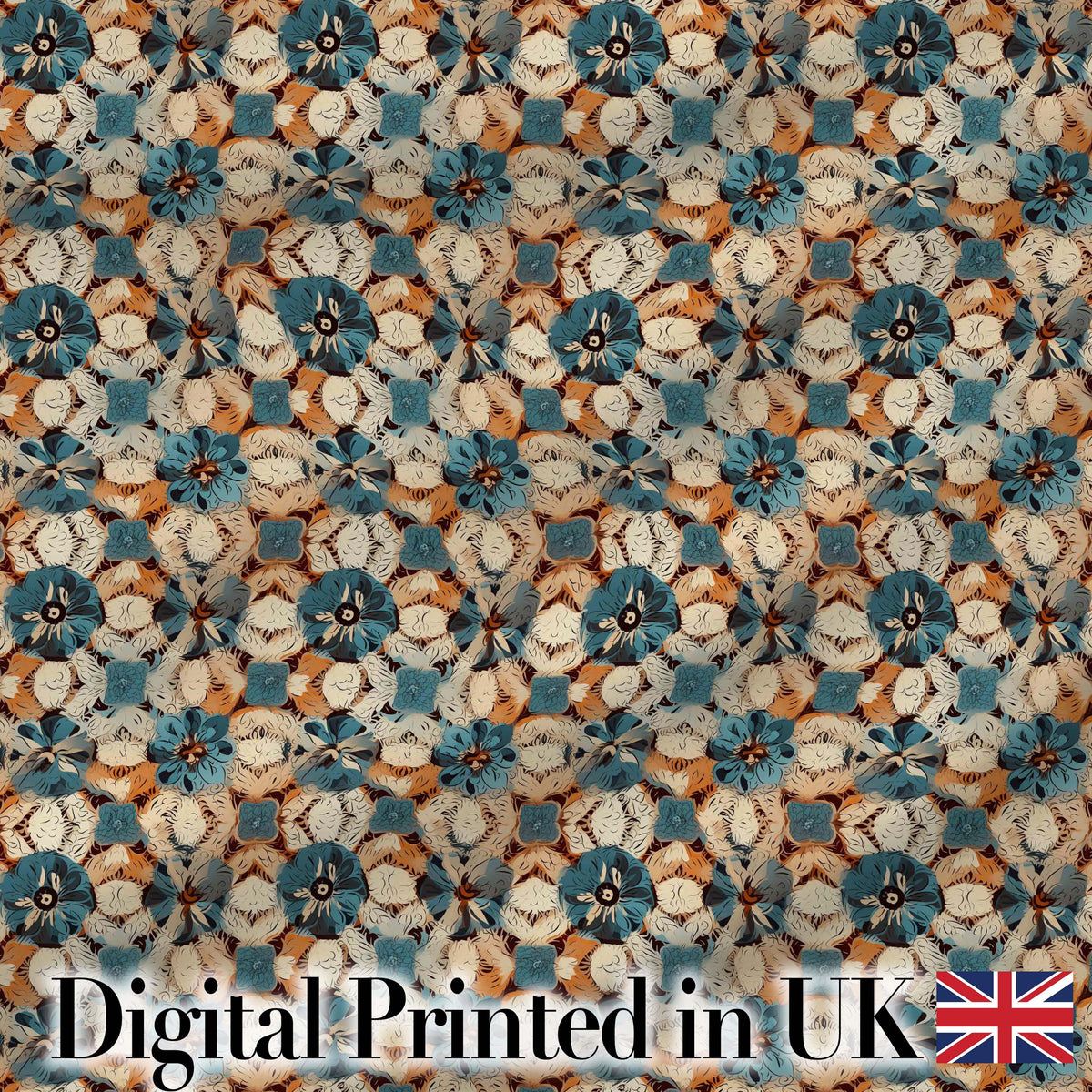 Rustic Floral Patchwork Pattern with Blue Cream and Warm Earth Tones Digital Print Fabric by the Metre UK Sewing Quilting Textile