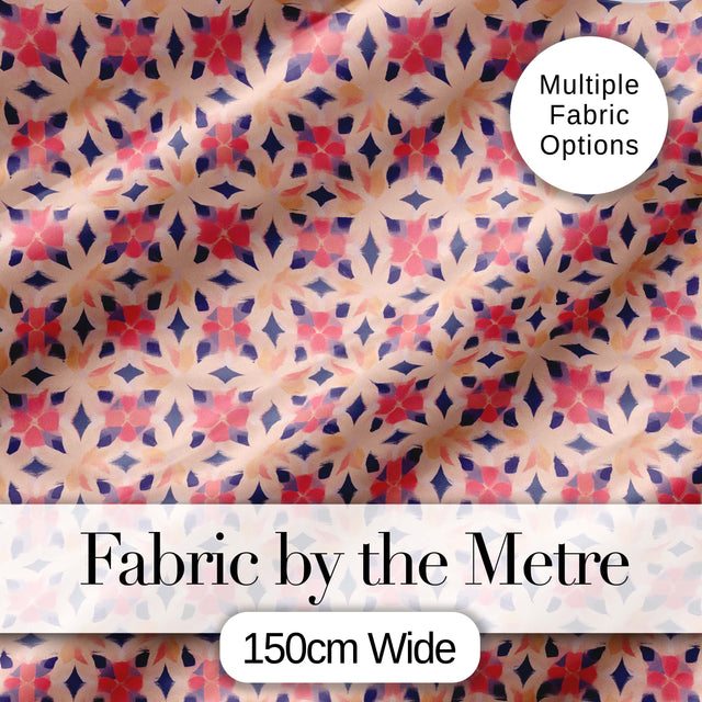 Elegant Geometric Floral Star Pattern in Blush Pink and Navy Tones Digital Print Fabric by the Metre UK Sewing Quilting Textile