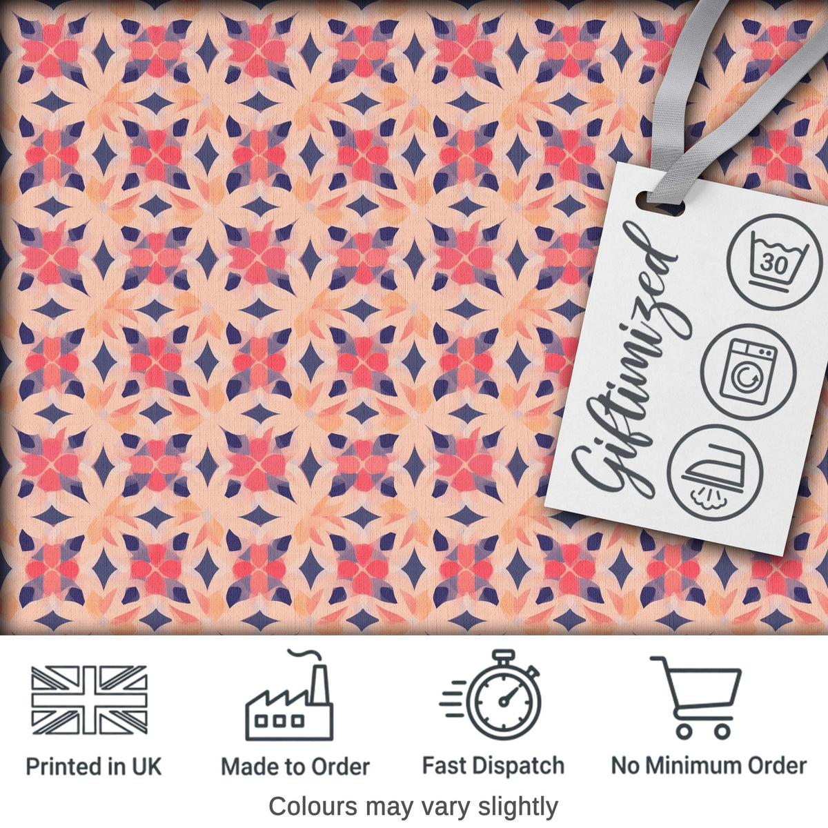 Elegant Geometric Floral Star Pattern in Blush Pink and Navy Tones Digital Print Fabric by the Metre UK Sewing Quilting Textile