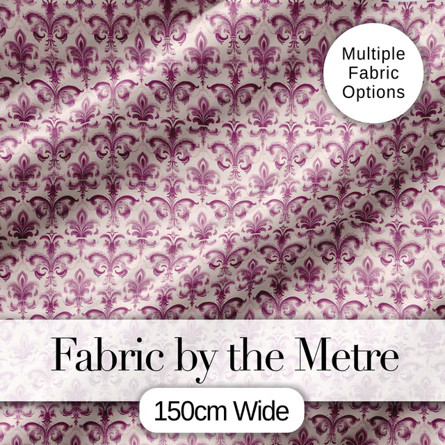 Ornate Baroque Fleur de Lis Pattern in Deep Plum on Neutral Background Digital Print Fabric by the Metre UK Sewing Quilting Textile