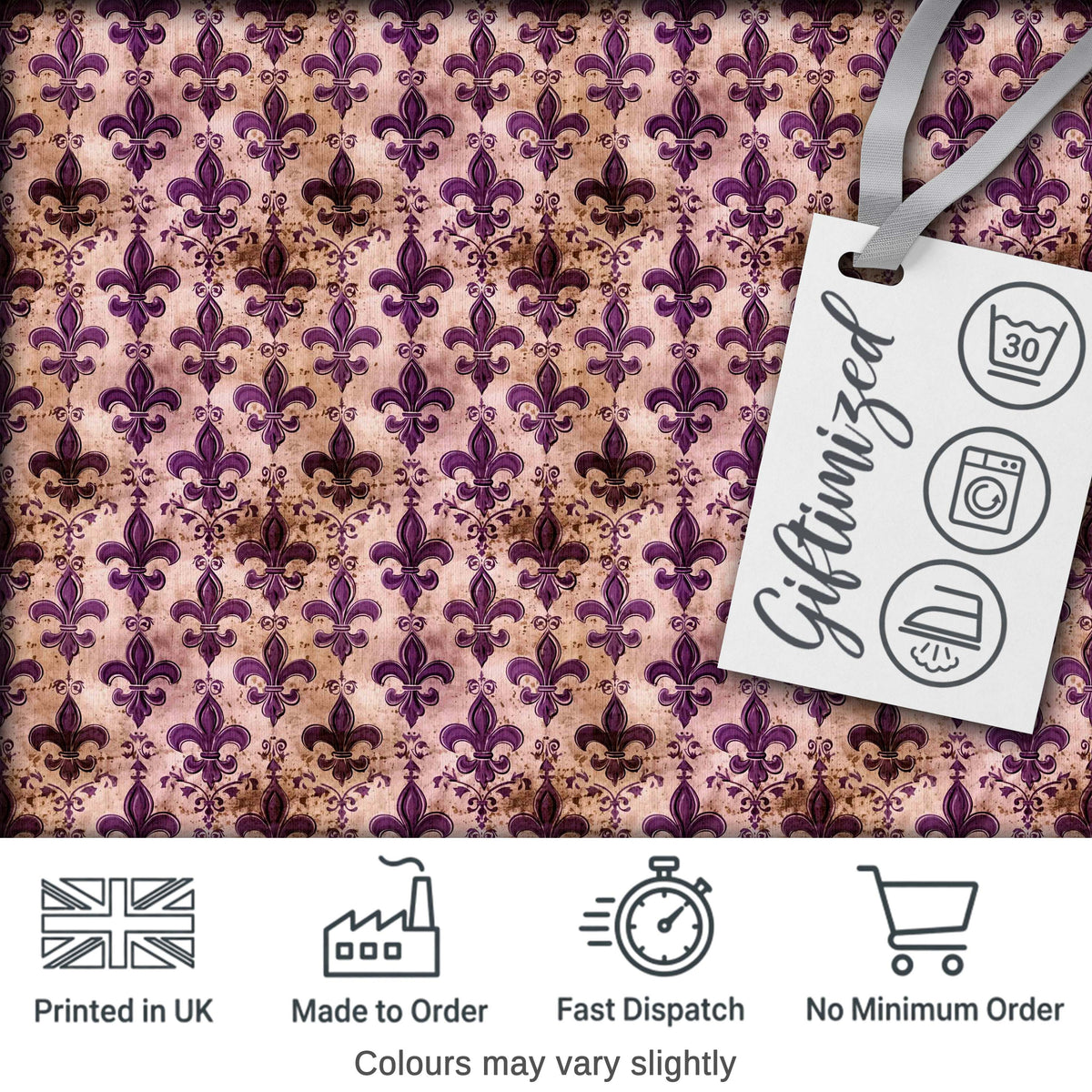 Antique Style Fleur de Lis Pattern in Deep Purple with Distressed Background Digital Print Fabric by the Metre UK Sewing Quilting Textile