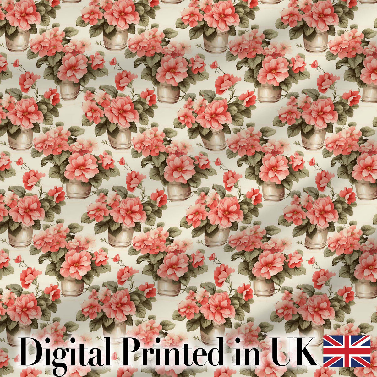 Potted Pink Flowers Vintage Arrangement Seamless Pattern Classic Floral Digital Print Fabric by the Metre UK Sewing Quilting Textile