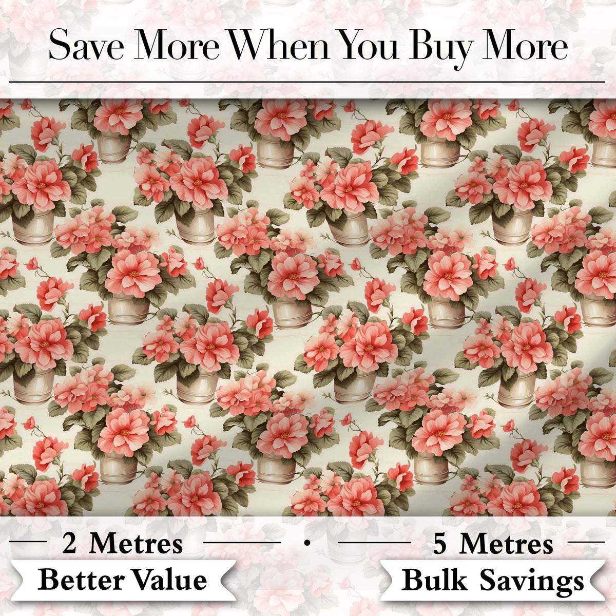 Potted Pink Flowers Vintage Arrangement Seamless Pattern Classic Floral Digital Print Fabric by the Metre UK Sewing Quilting Textile