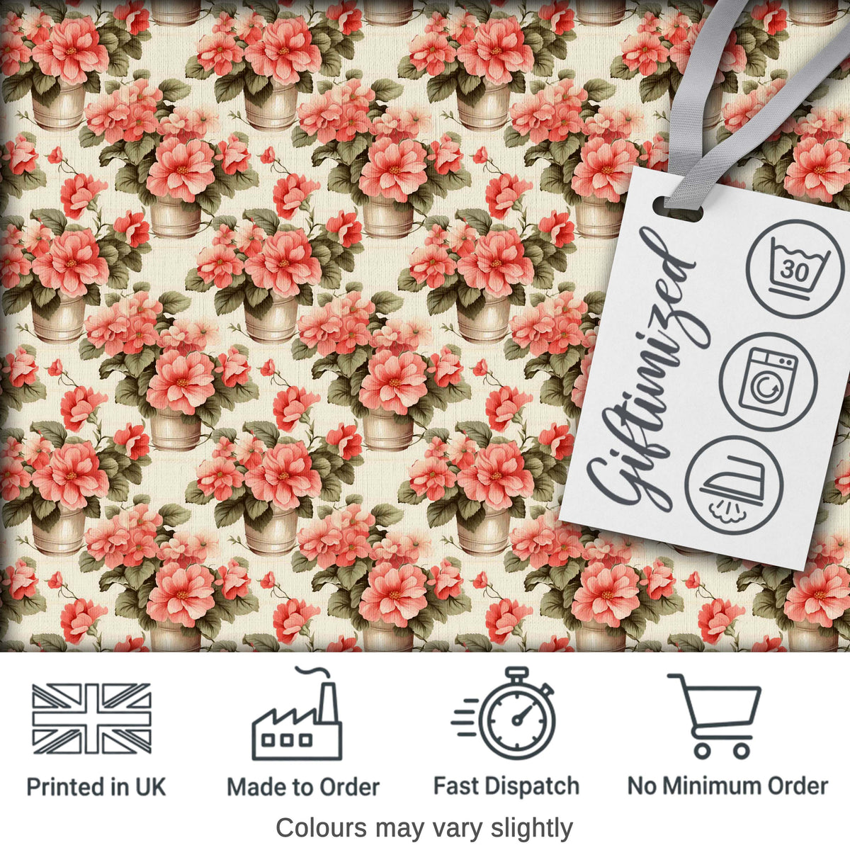 Potted Pink Flowers Vintage Arrangement Seamless Pattern Classic Floral Digital Print Fabric by the Metre UK Sewing Quilting Textile