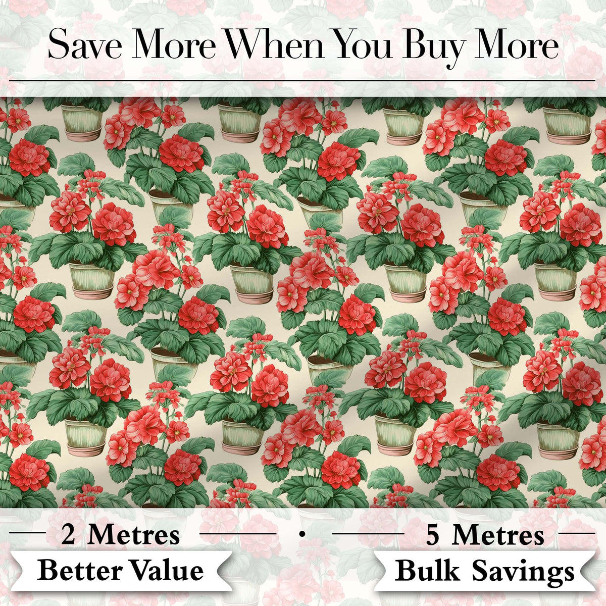 Red Geranium Potted Plant Seamless Pattern Botanical Garden Style Digital Print Fabric by the Metre UK Sewing Quilting Textile