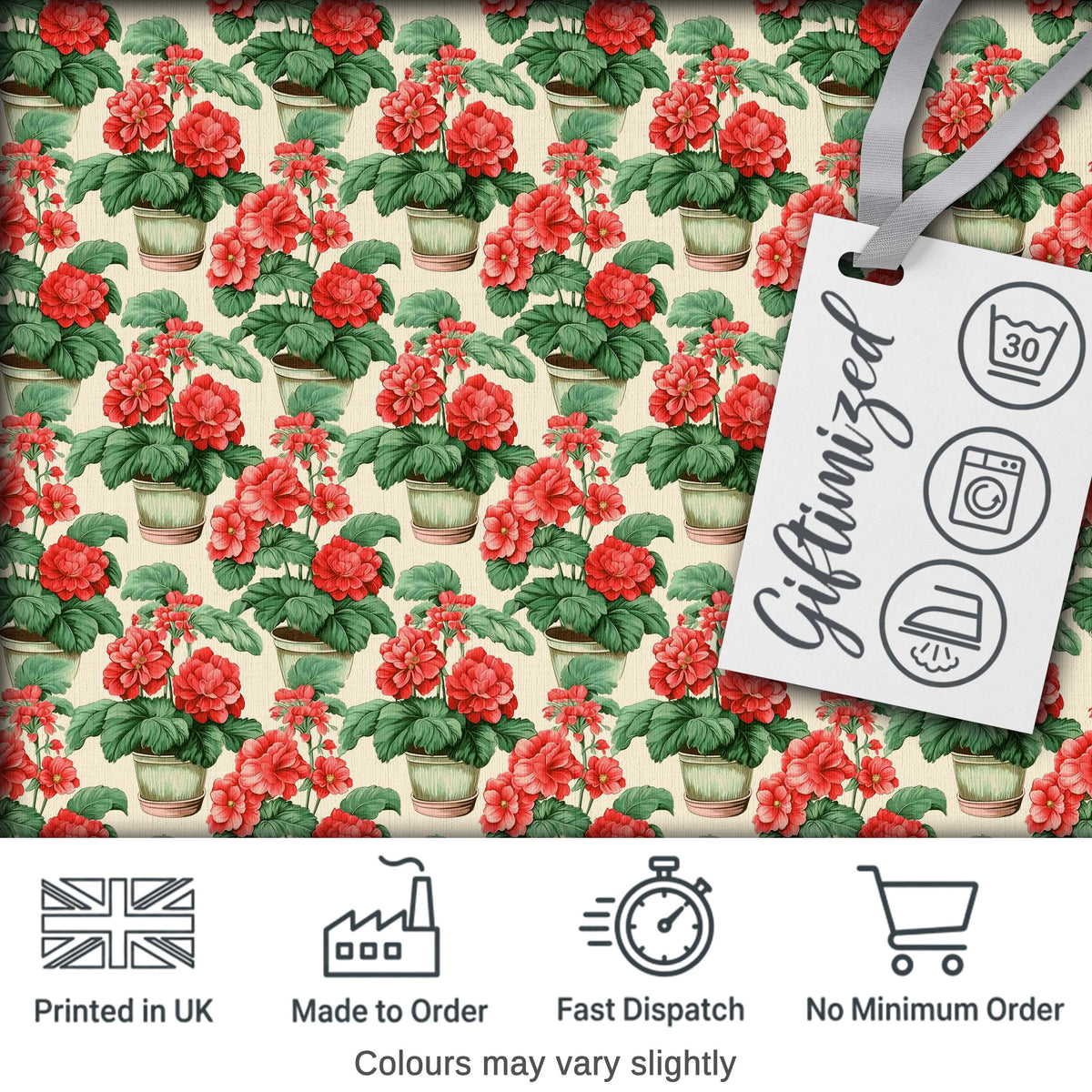 Red Geranium Potted Plant Seamless Pattern Botanical Garden Style Digital Print Fabric by the Metre UK Sewing Quilting Textile