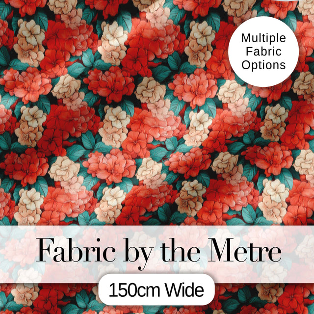 Peach and Red Floral Elegant Seamless Pattern Dark Background Textile Digital Print Fabric by the Metre UK Sewing Quilting Textile
