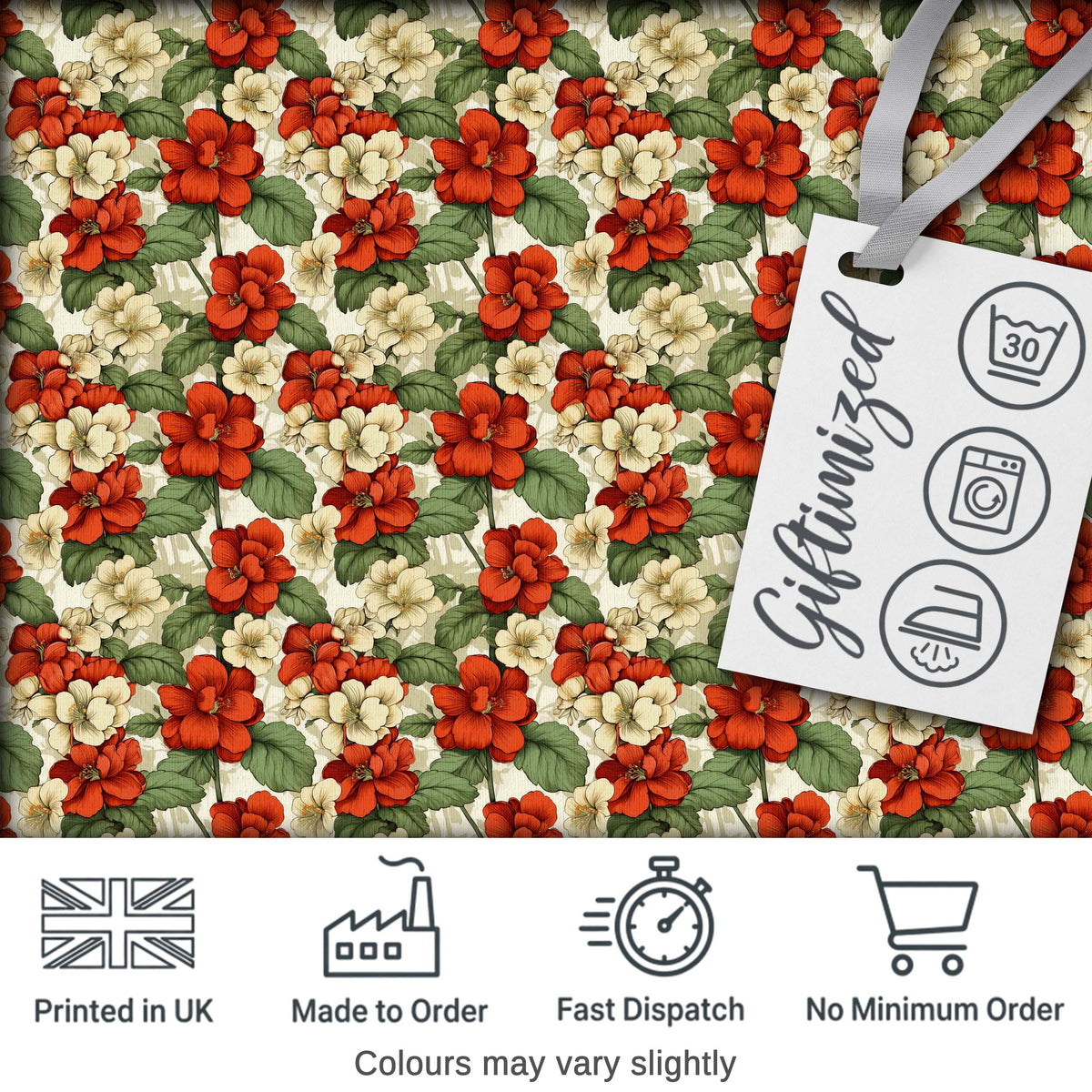 Red and Cream Floral Garden Seamless Pattern Vintage Botanical Style Digital Print Fabric by the Metre UK Sewing Quilting Textile