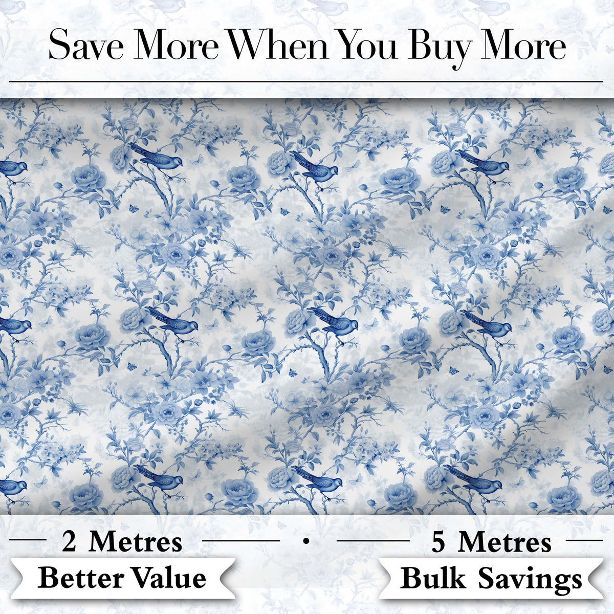Blue Bird and Floral Toile Seamless Pattern Vintage Garden Scene Digital Print Fabric by the Metre UK Sewing Quilting Textile
