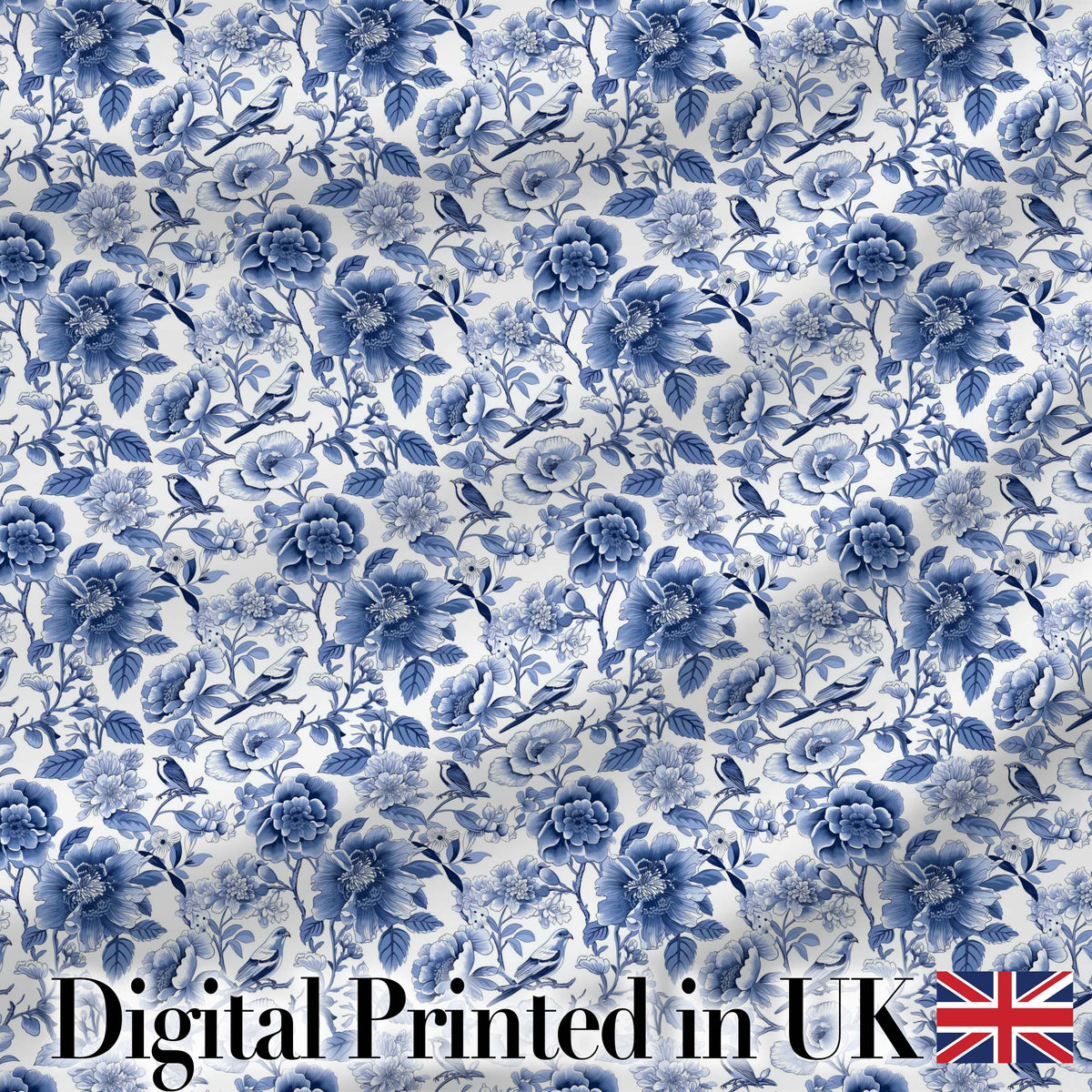 Blue Floral and Bird Detailed Seamless Pattern Classic Toile Textile Digital Print Fabric by the Metre UK Sewing Quilting Textile