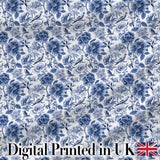 Blue Floral and Bird Detailed Seamless Pattern Classic Toile Textile Digital Print Fabric by the Metre UK Sewing Quilting Textile