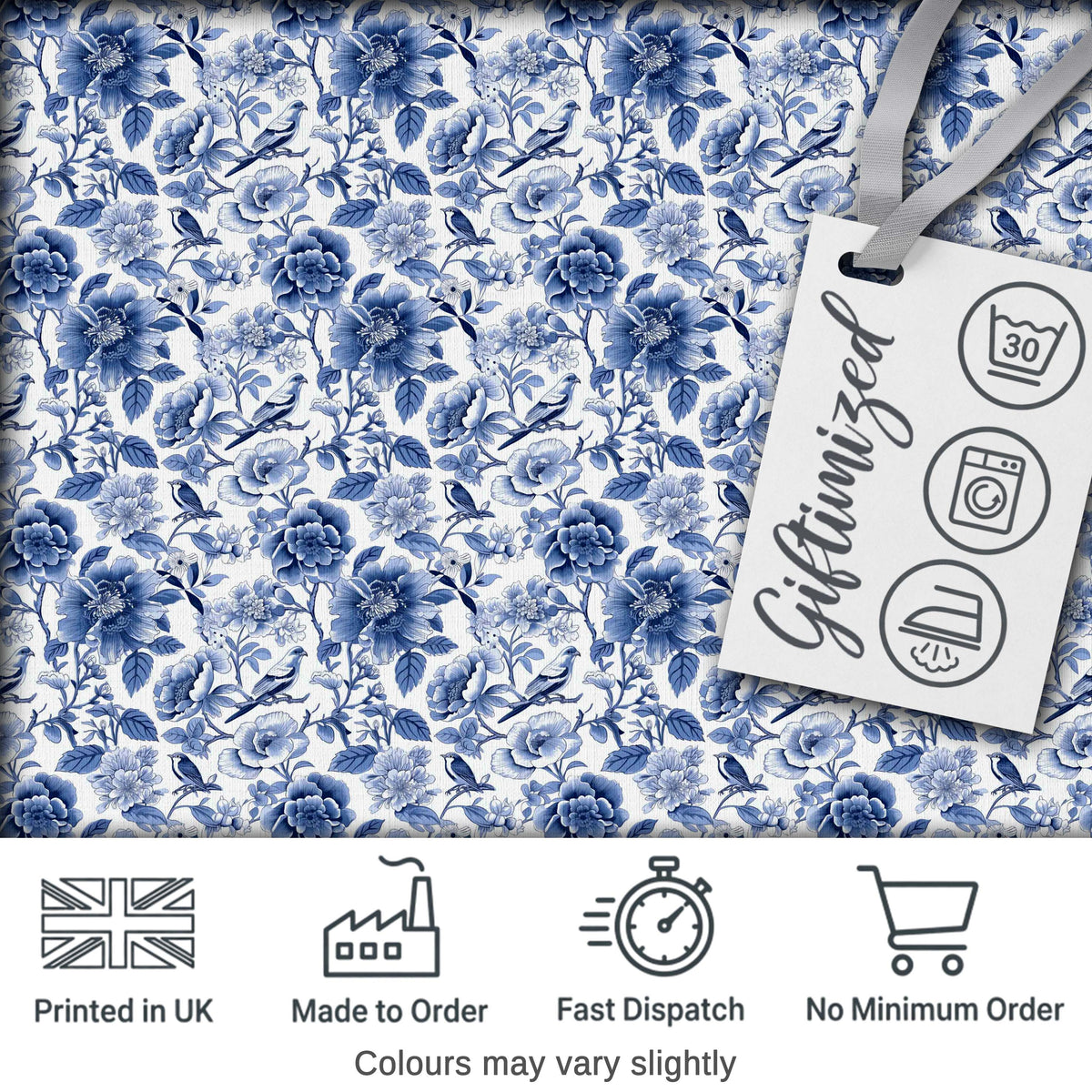 Blue Floral and Bird Detailed Seamless Pattern Classic Toile Textile Digital Print Fabric by the Metre UK Sewing Quilting Textile