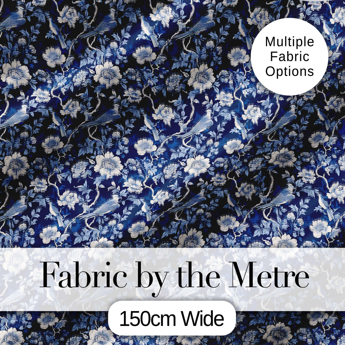 Elegant Blue Floral Birds Branch Pattern Seamless Vintage Style Digital Print Fabric by the Metre UK Sewing Quilting Textile