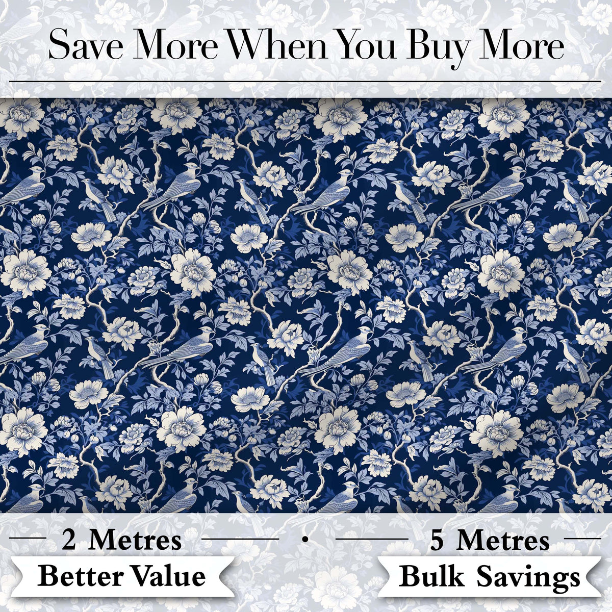 Elegant Blue Floral Birds Branch Pattern Seamless Vintage Style Digital Print Fabric by the Metre UK Sewing Quilting Textile