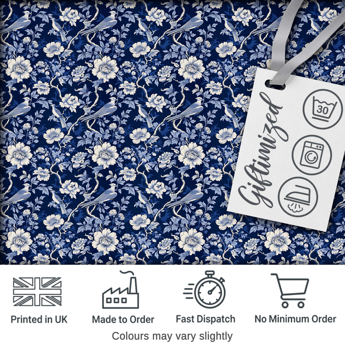 Elegant Blue Floral Birds Branch Pattern Seamless Vintage Style Digital Print Fabric by the Metre UK Sewing Quilting Textile