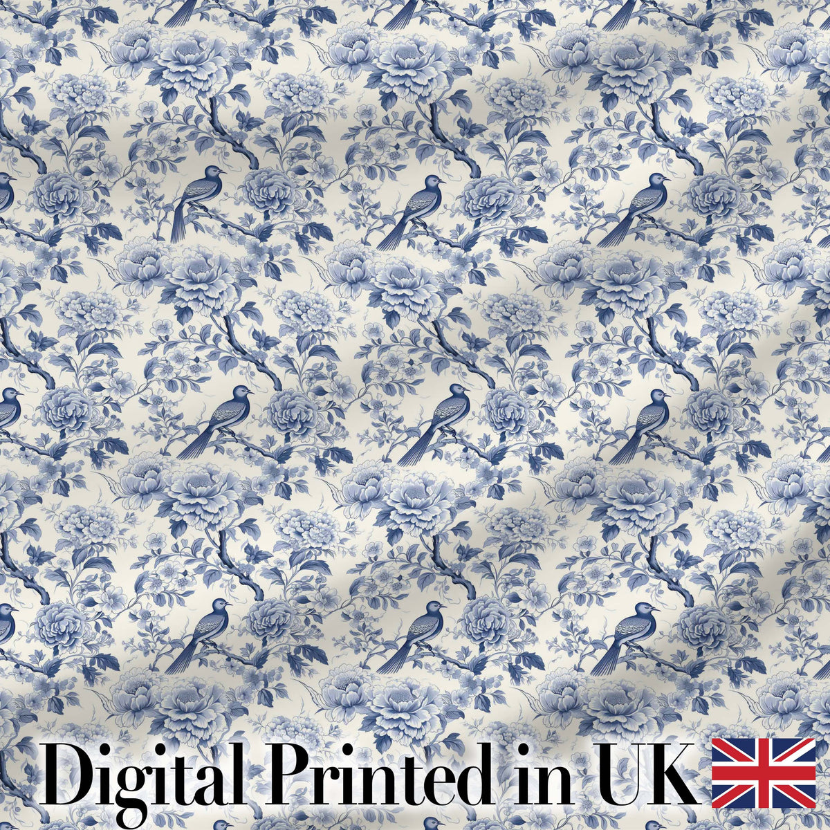 Soft Blue Floral Bird Branch Toile Style Seamless Vintage Pattern Digital Print Fabric by the Metre UK Sewing Quilting Textile