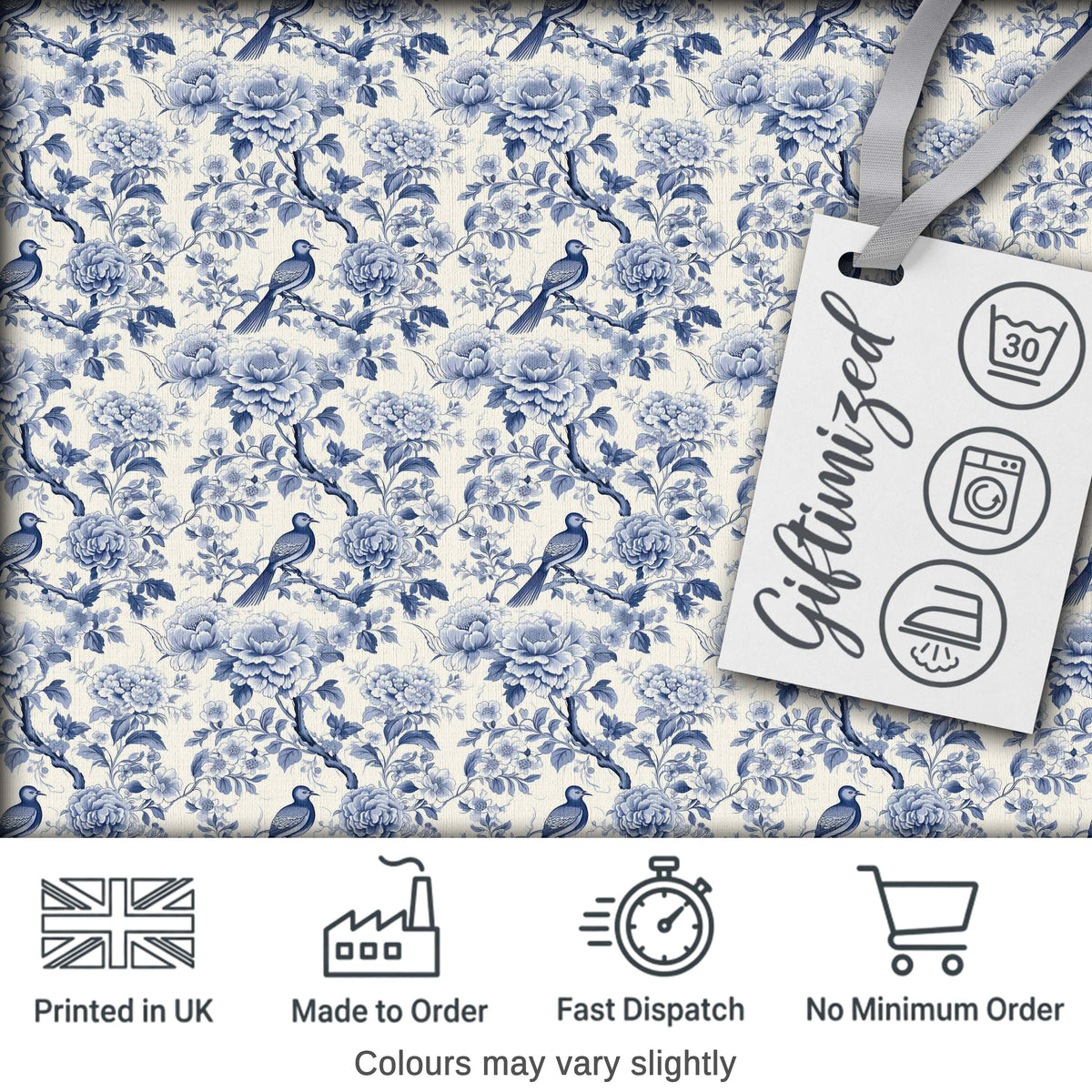 Soft Blue Floral Bird Branch Toile Style Seamless Vintage Pattern Digital Print Fabric by the Metre UK Sewing Quilting Textile