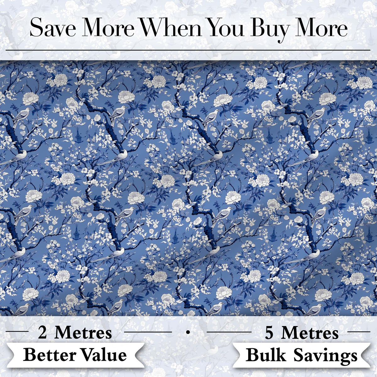 Blue Blossom Tree Birds Oriental Scenic Seamless Pattern Digital Print Fabric by the Metre UK Sewing Quilting Textile