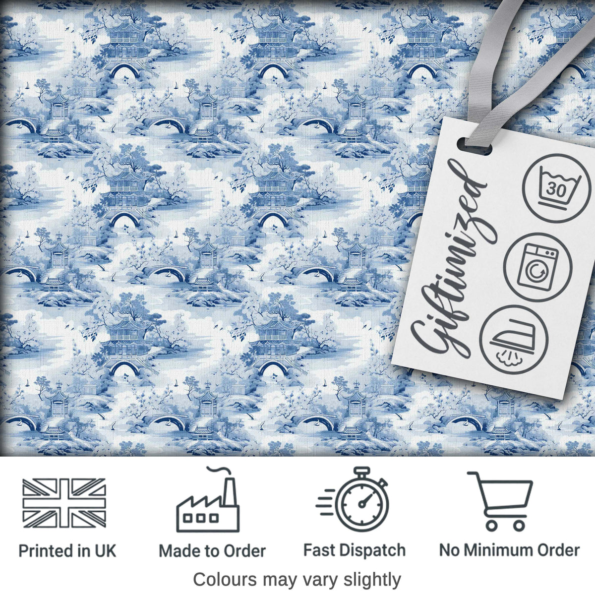 Light Blue Asian Bridge Garden Scenic Seamless Pattern Digital Print Fabric by the Metre UK Sewing Quilting Textile