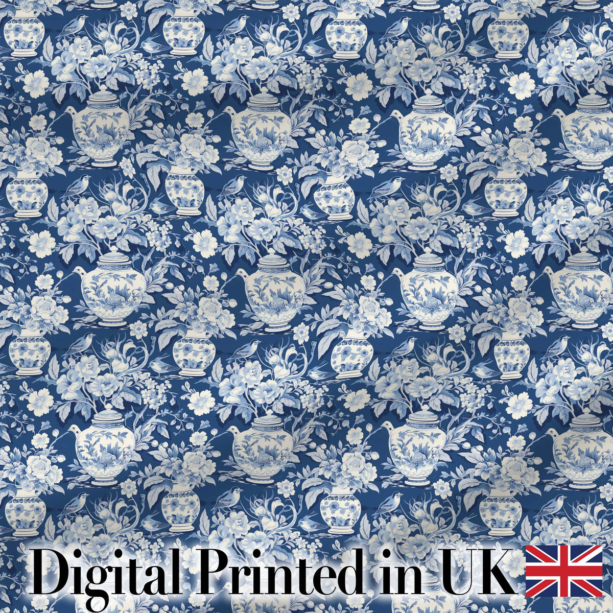 Vintage Blue Porcelain Floral Vase Bird Seamless Pattern Digital Print Fabric by the Metre UK Sewing Quilting Textile