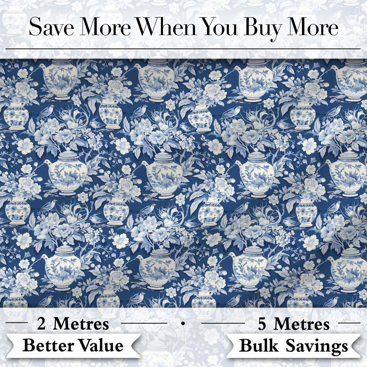 Vintage Blue Porcelain Floral Vase Bird Seamless Pattern Digital Print Fabric by the Metre UK Sewing Quilting Textile
